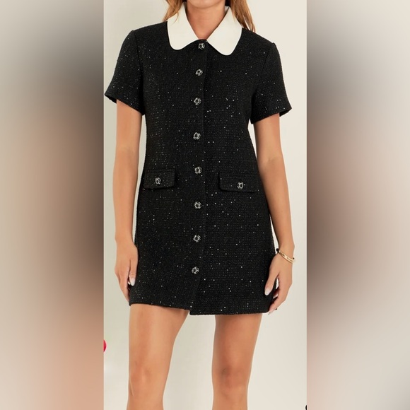 English Factory Collar Pointed Tweed Mini Dress Size XS - Picture 1 of 15